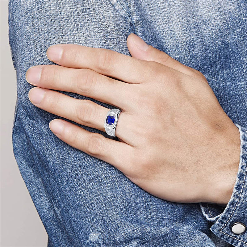 Men's Siver Ring 925 Sterling Silver Ring Created Blue Sapphire Pave CZ W/AAA Princess Cut Wedding Band For Men
