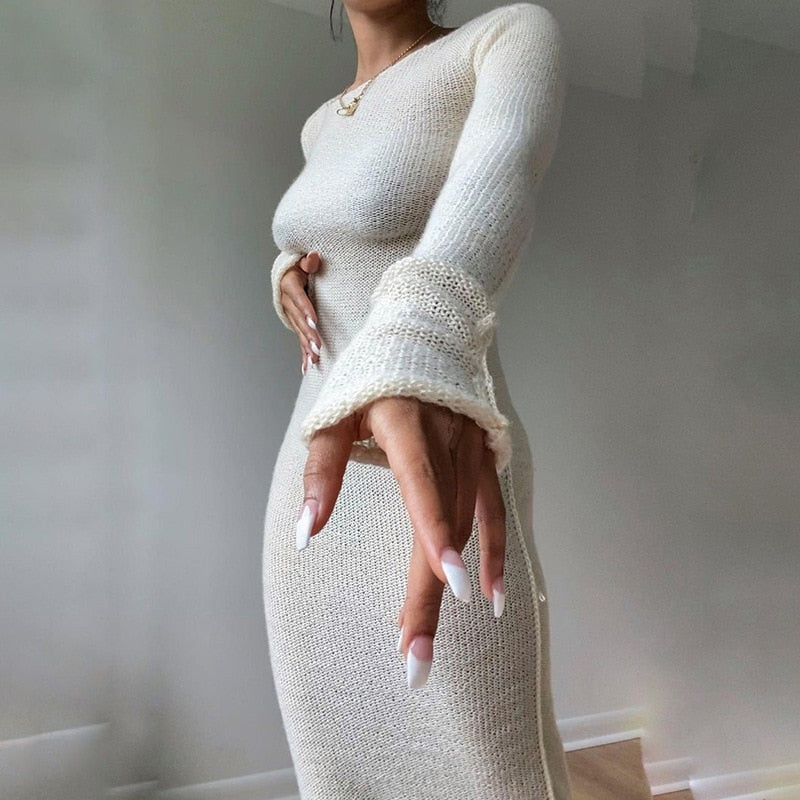 anyfreebie™- New Knitted Bodycon Dress Fairy Grunge Casual Fashion Streetwear Women Autumn Y2K Solid O-neck Long Sleeve Maxi Dresses