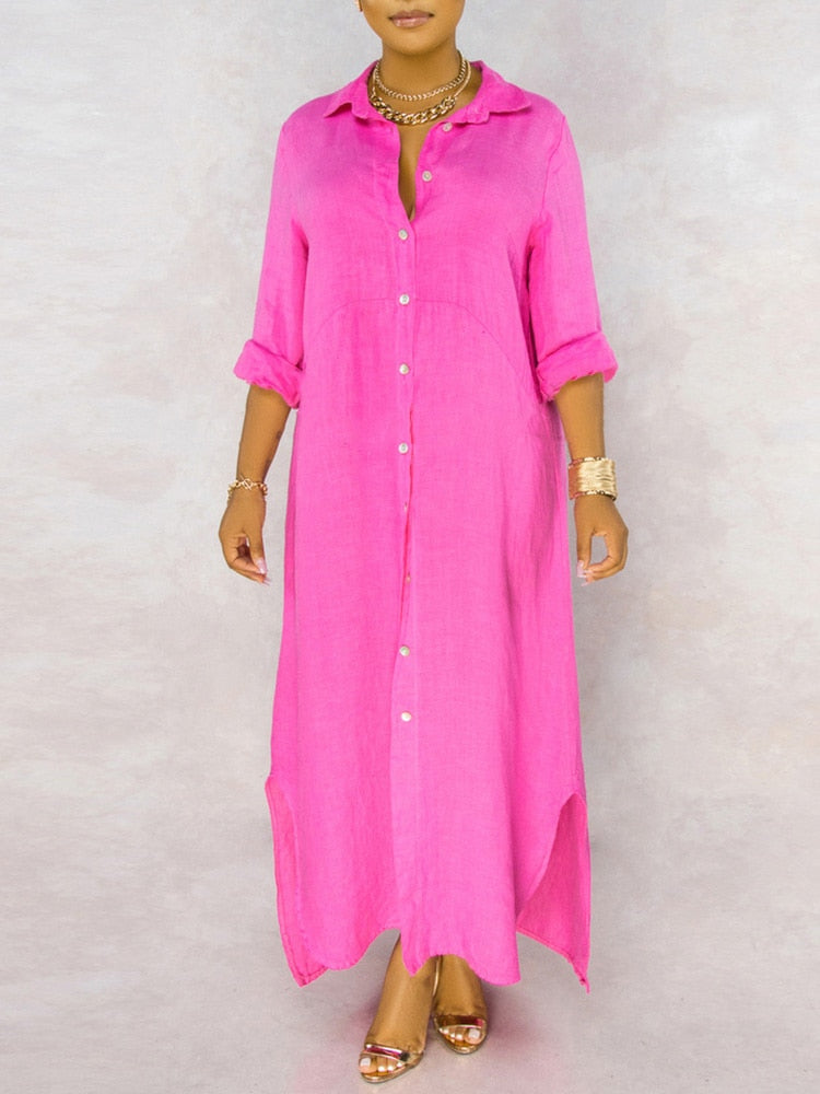 anyfreebie™-Solid Button Maxi Shirt Dress