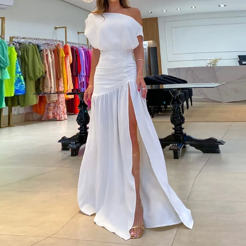 anyfreebie™- 2024 Summer New Women's High Split Off Shoulder Maxi Dress Female Sexy One Word Neck Slit Orange Short-sleeved Solid Dresses