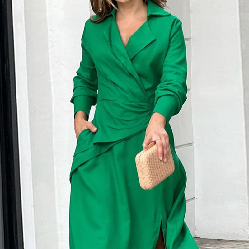 anyfreebie™- Women Maxi Dress Fashion Elegant Long Sleeve Lapel V Neck Pleated Solid Single Slit With Pockets Beach Party Dresses