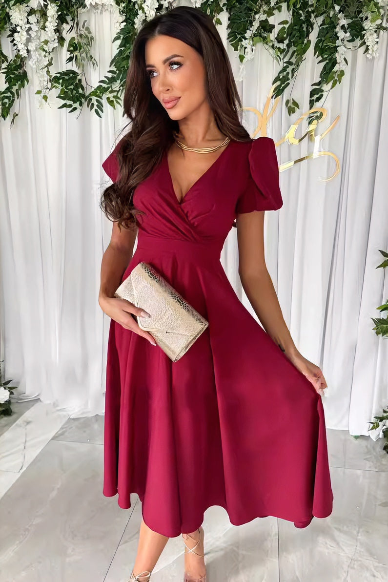 anyfreebie™-Sexy V-neck solid color short-sleeved midi dress