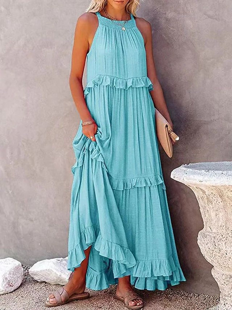 anyfreebie™-Summer Loose Long Dress Women Casual Elegant Ruffle Halter Sleeveless Female Party Outfits Beach Maxi Dresses Green Tie-Up Robe