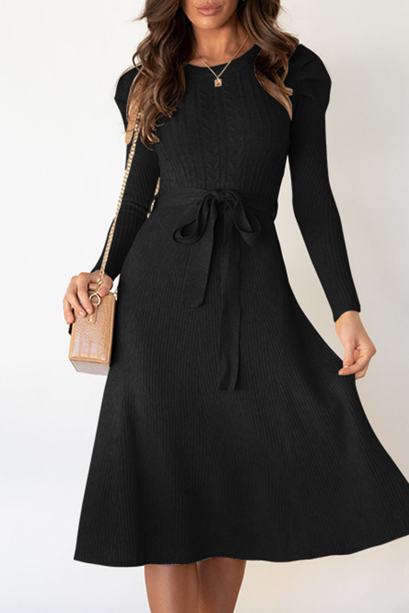 anyfreebie™-Elegant Solid With Belt O Neck Sweater Dresses