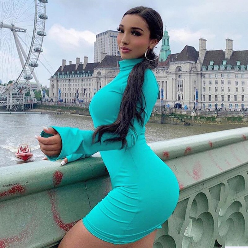 anyfreebie™-Summer New Sexy Casual Commutes Women&#39;s High Collar Long Sleeved Horn Sleeve Elastic Tight Knit Mini Short Dress