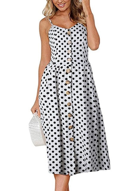 anyfreebie™- Boho Sexy Floral Dress Summer Vintage Casual Sundress Female Beach Dress Midi Button Backless Polka Dot Striped Women Dress