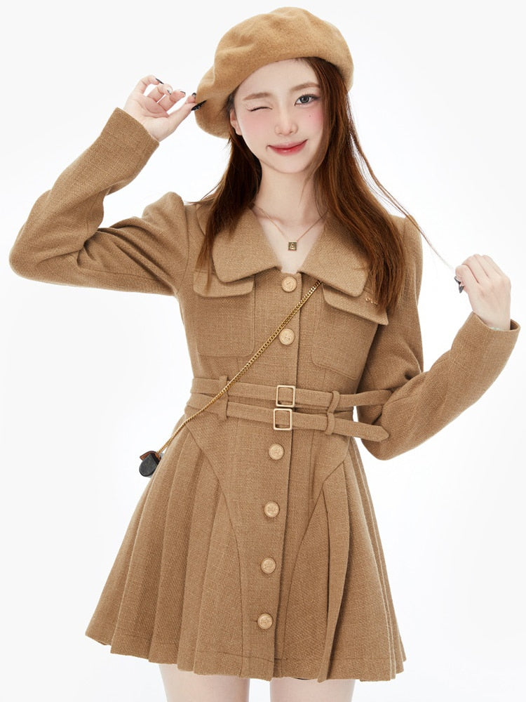 anyfreebie™- France Vintage Party Mini Dresses Women Korean Style Elegant Pleated Dress Female Warm Sweet Retro Dress Coat Autumn Winter