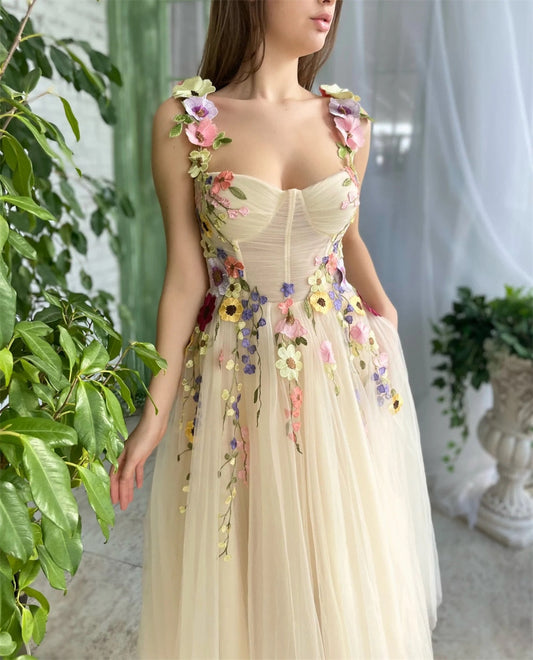 anyfreebie™- Summer Tulle Knee Floral Gown Fairy Gown Cottage Corset Dress Prom Dress Bridesmaid Dress Princess A-line Knee Dress