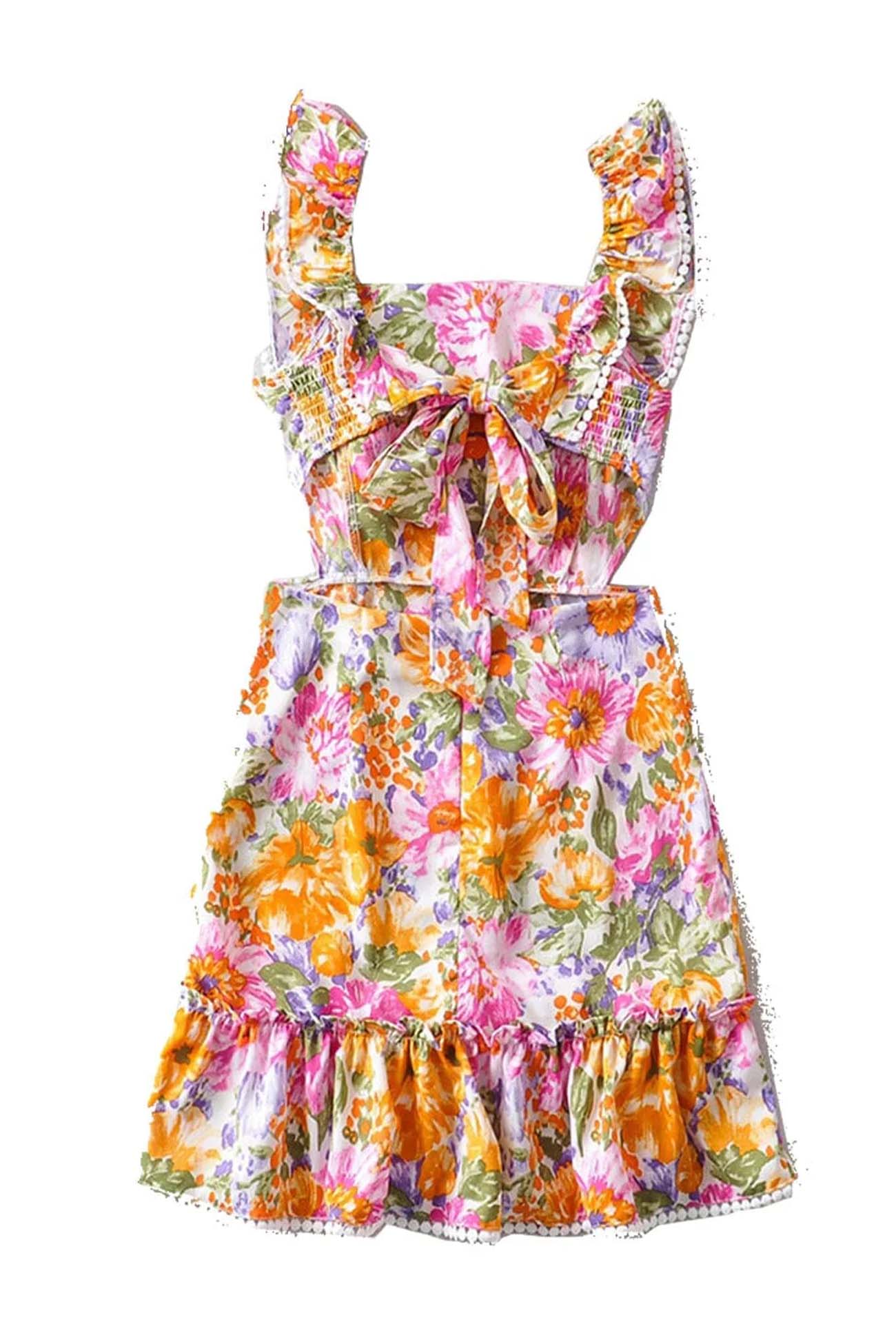 anyfreebie™-Floral Ruffle Back Tie Mini Dress