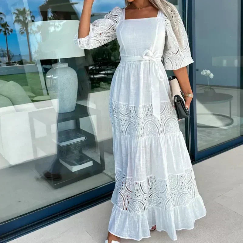 💖Limited Sale 50% OFF💖Women’s Trendy Patchwork Tie Waist Square Neck Long Dress
