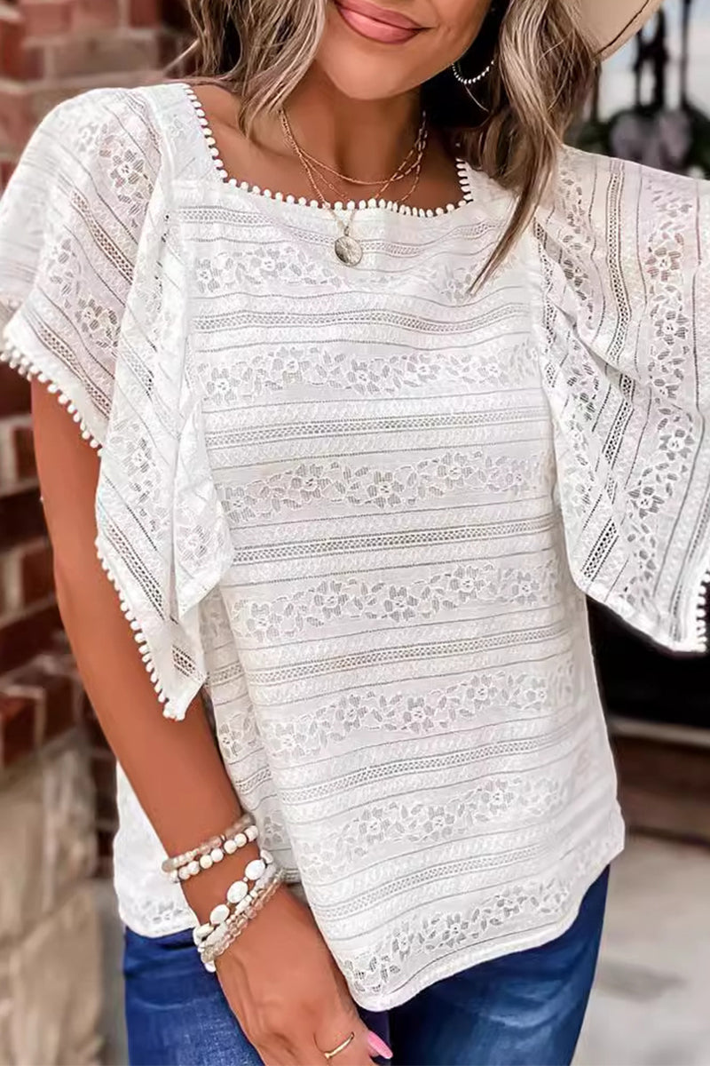 anyfreebie™-Casual Simplicity Solid Lace Hollowed Out O Neck Tops