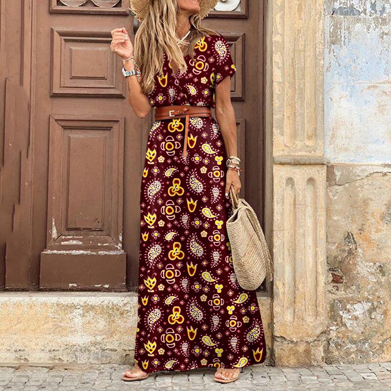 anyfreebie™-Autumn Dress 2024 Women New Fashionable Bohemian V-neck Floral Print Long Dress Female Short Sleeve Sexy High Split Maxi Dresses