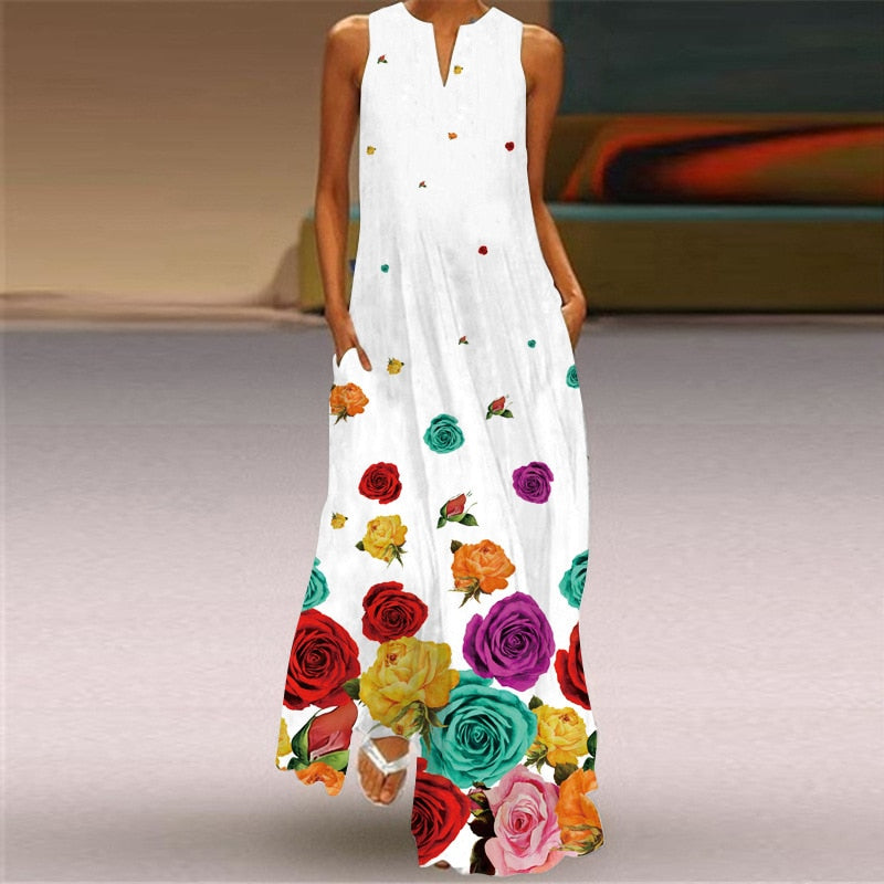 anyfreebie™- 3D Floral Printed Women Dress Summer Vintage V-neck Sleeveless Loose Maxi Dress Elegant Casual Ladies Party Dresses Vestidos