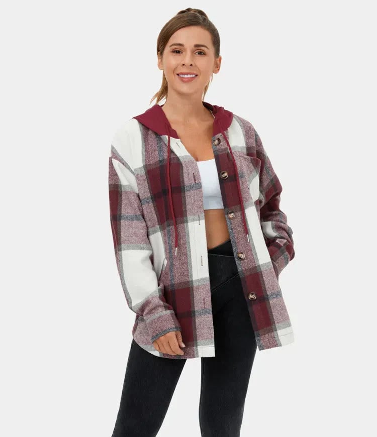 🔥Women's Plaid Button Down Fleece Lined Hooded Jackets Warm Coat