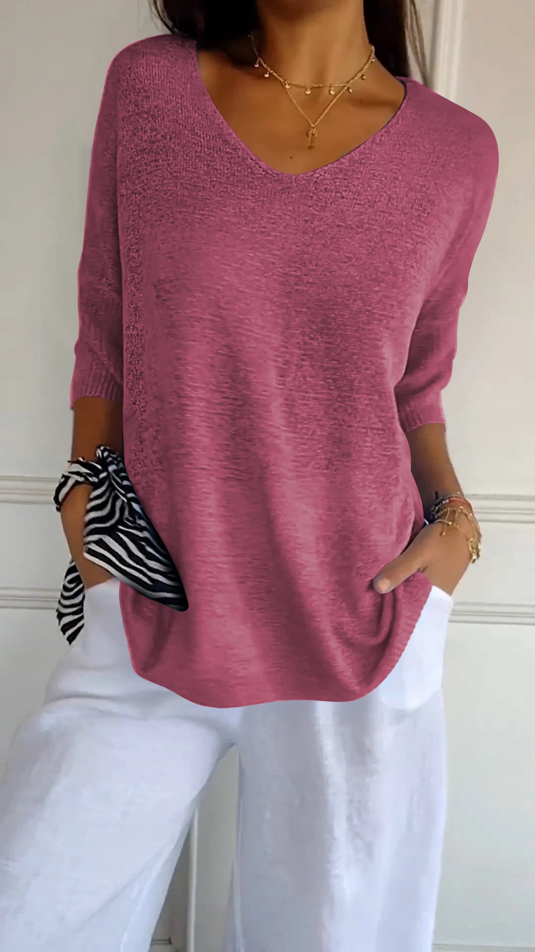 anyfreebie™-Solid Color Knitted V-neck Top