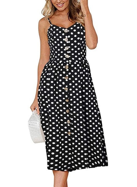 anyfreebie™- Boho Sexy Floral Dress Summer Vintage Casual Sundress Female Beach Dress Midi Button Backless Polka Dot Striped Women Dress