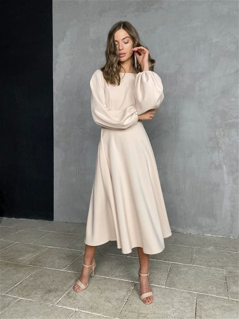 anyfreebie™-Midi Dress O-neck Lantern Sleeves Casual A-line Elegant Female Clothing