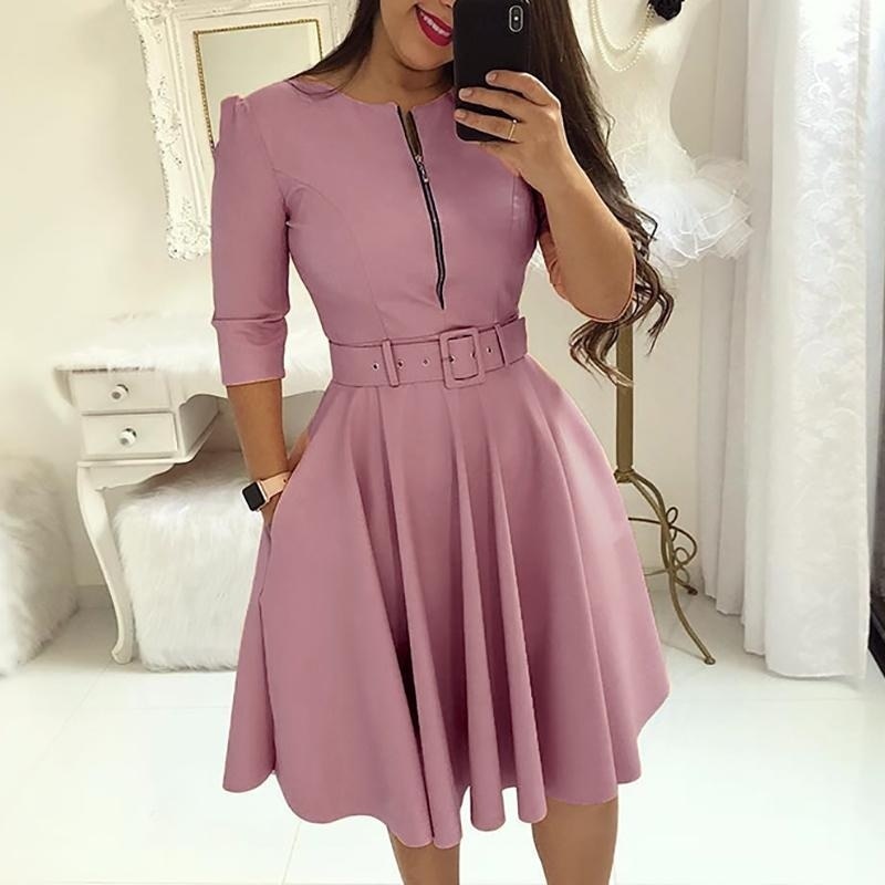 anyfreebie™- Elegant Women Solid Half Sleeve Party Dress Autumn Casual Zipper Knee-length Midi Dresses Ladies Big Swing Club Dress Vestidos