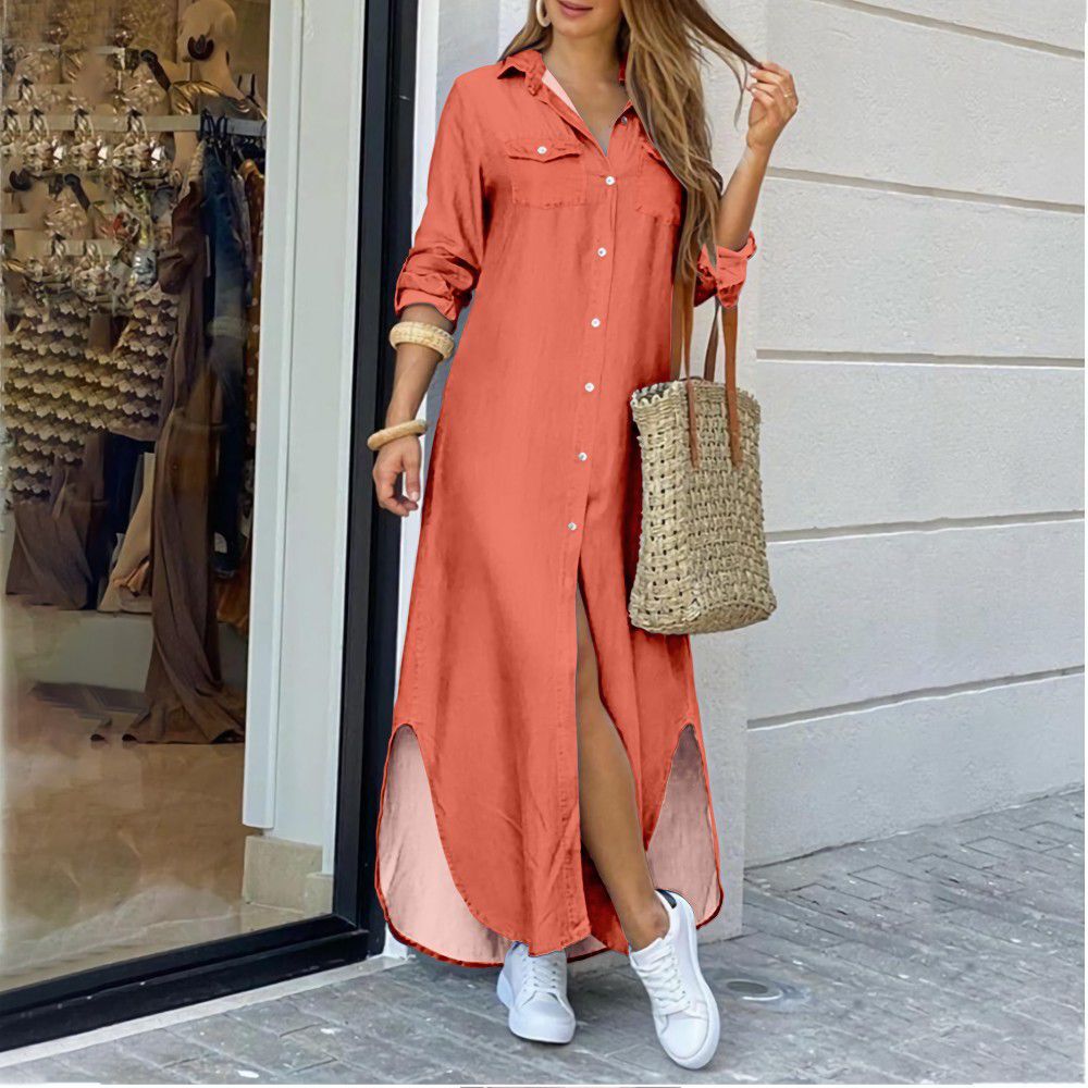 anyfreebie™- Casual Long Shirt Dress Autumn Women Long Sleeve Maxi Dresses Laides Turn-down Collar Office Dresses Loose Sundress Robe Longue