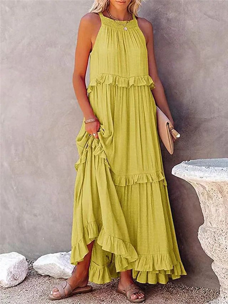 anyfreebie™-Summer Loose Long Dress Women Casual Elegant Ruffle Halter Sleeveless Female Party Outfits Beach Maxi Dresses Green Tie-Up Robe