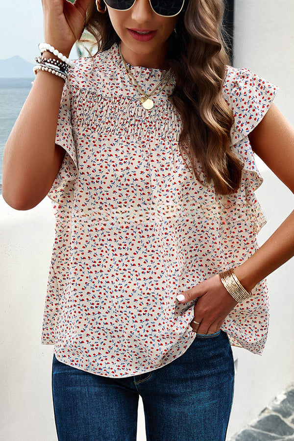 anyfreebie™-Floral Print Pleated Crew Neck Pullover Top