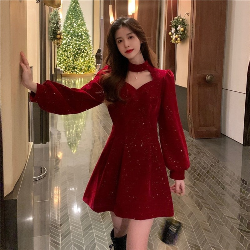 anyfreebie™-Red Velvet Elegant Party Mini Dress Women Sequins Long Sleeve Wram Vintage Dress Ladies Casual Korean A-line Dress 2024 New Year