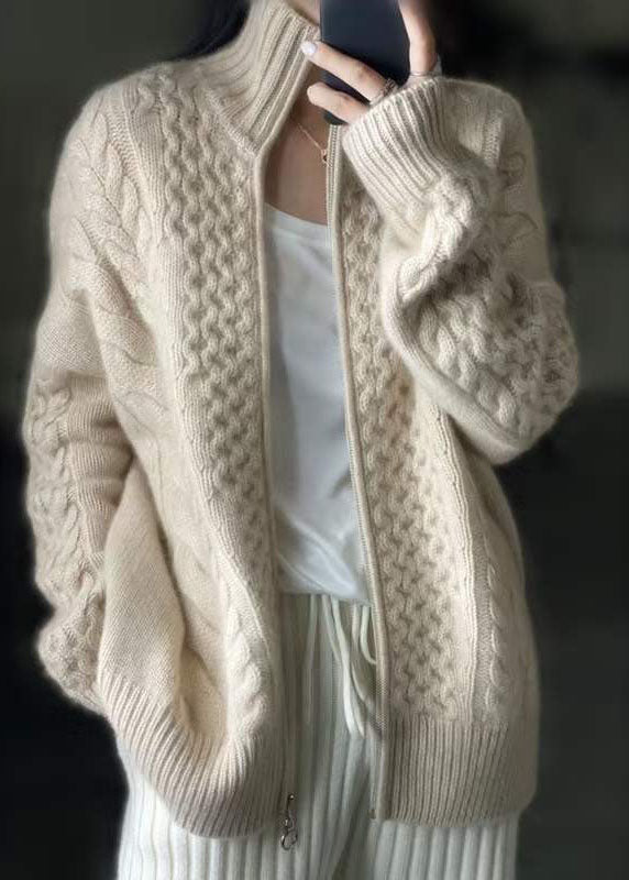 anyfreebie™-DIY Beige Zip Up Casual Woolen Knitted Tops Coat Winters