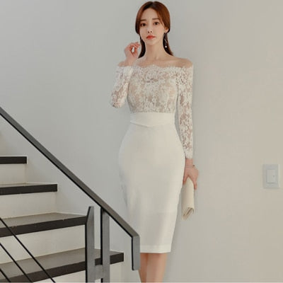 anyfreebie™-new arrival fashion korean spring midi party dress women OL temperament lace perspective sexy off-shoulder holiday pencil dress