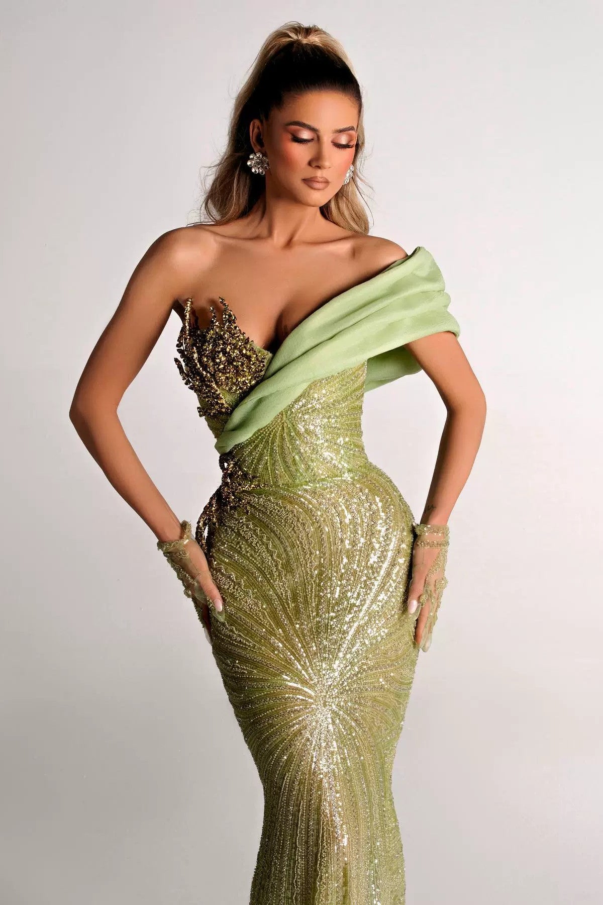 anyfreebie™-Green sequined waist one shoulder dress-vx