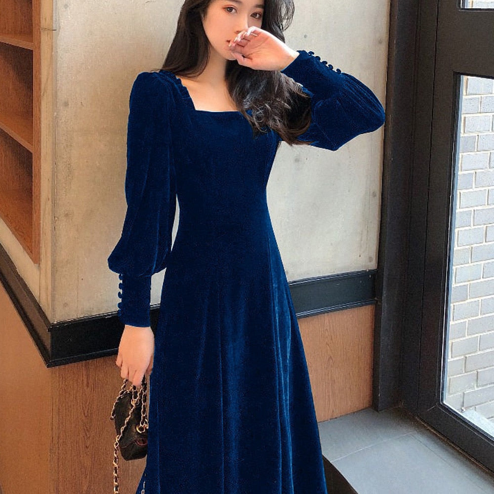 anyfreebie™- Vintage Black Velvet Dress 2024 Women Autumn Winter Warm Long Sleeve Maxi Dress French Elegant V-Neck Party Dresses