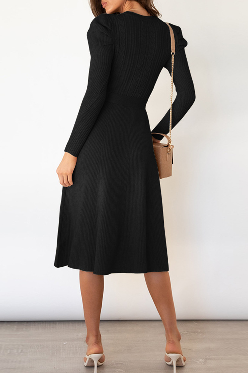 anyfreebie™-Elegant Solid With Belt O Neck Sweater Dresses