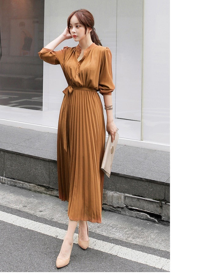 anyfreebie™- Elegant Chiffon Long Sleeve Shirt Dress Women Belt Lace Up A-line Pleated Maxi Dress Korean Fashion Fall Clothes Streetwear