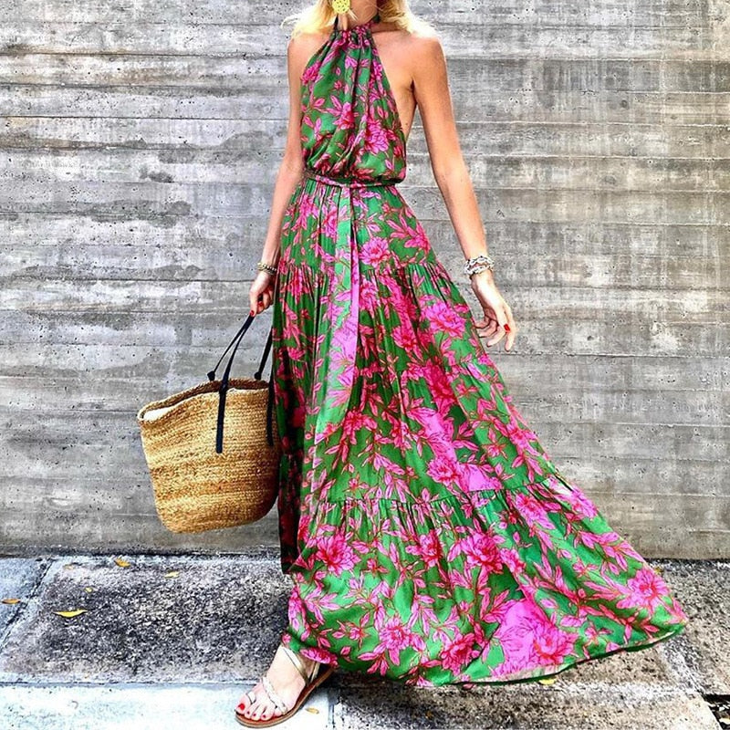 anyfreebie™-Summer Halter Sleeveless Floral Print Boho Dress for Women Pleated Stitching Maxi Dress High Waist Slim Lace Up Beach Dress 2024