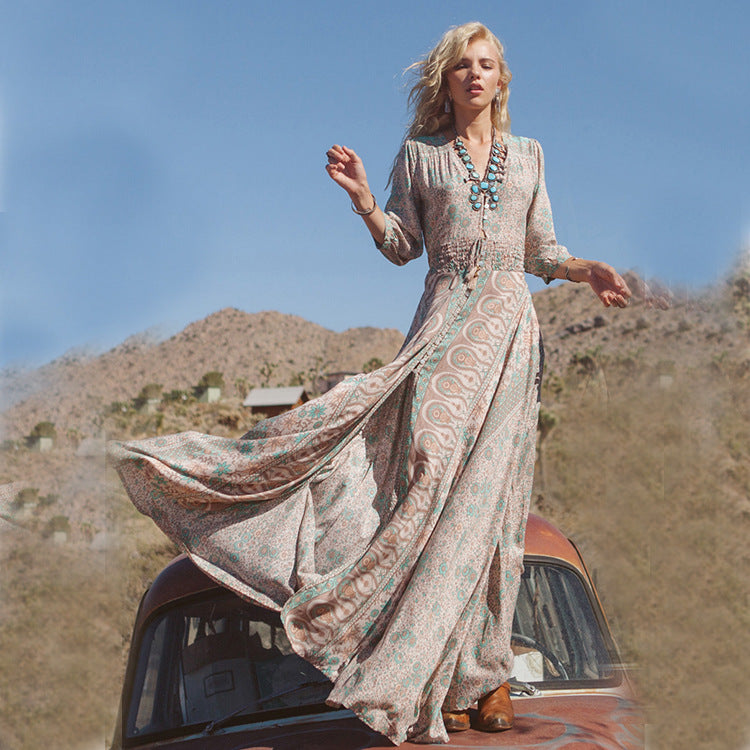 anyfreebie™-Women's Bohemian Maxi Dress Chiffon Swing Slit Mid Sleeve Beach Holiday Dress