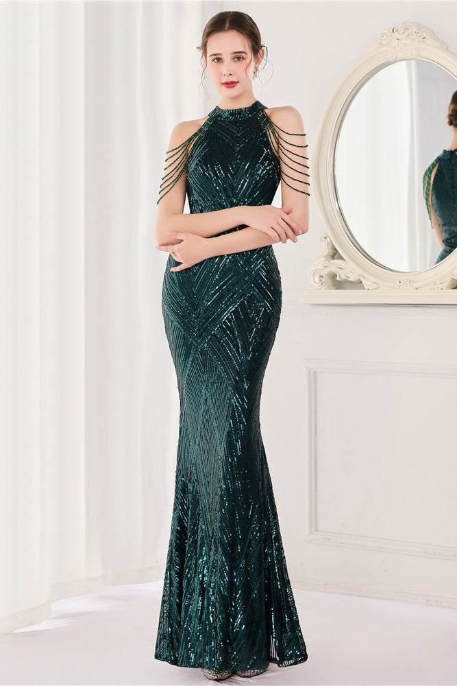 anyfreebie™-Long halterneck sequined fishtail evening gown