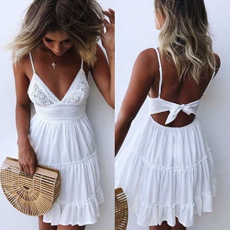 anyfreebie™- Ruffle Solid Mini Dress 2024 Summer Sleeveless Bow Back Chic Sundress Deep V Neck Bohemian Short Beach Dresses for Women