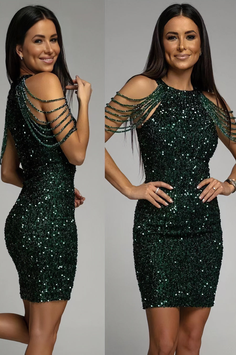 anyfreebie™-Off-the-shoulder tassel hip-hugging crystal patchwork sequin dress