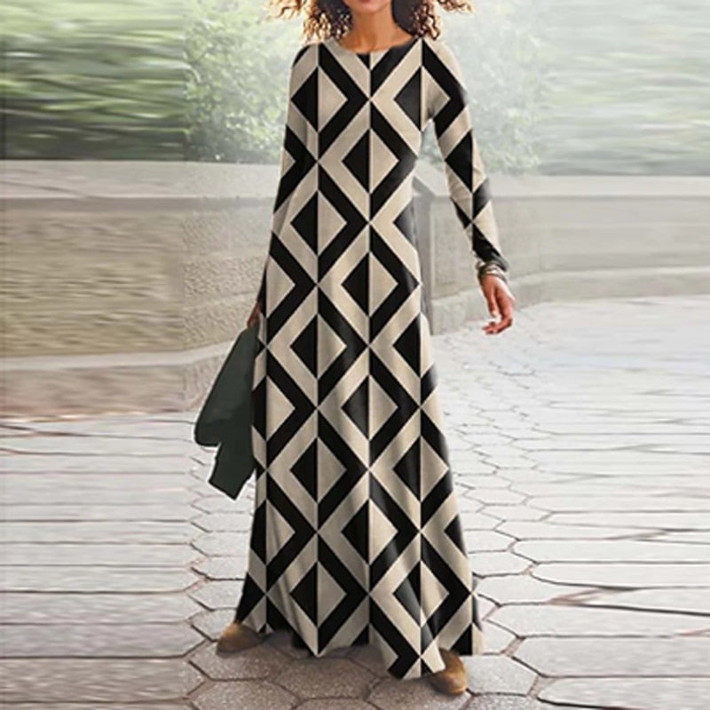 anyfreebie™- 2024 Spring Geometric Print Long Party Dress Women Elegant O Neck Office Maxi Dress Autumn Long Sleeve Hem Boho Lady Dress Mujer