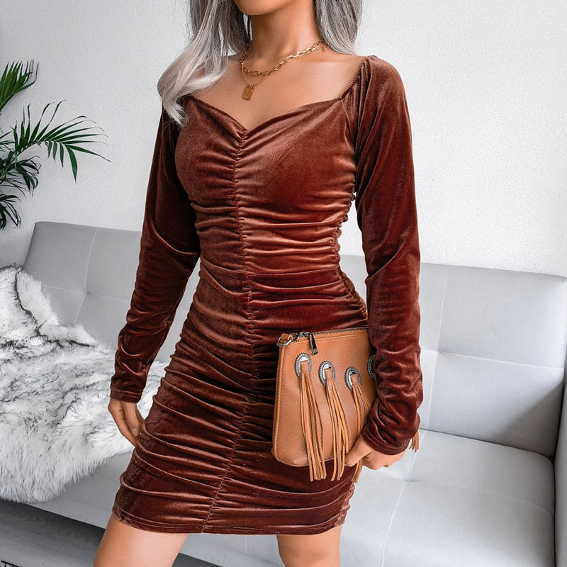 anyfreebie™-Velvet Dress Autumn Women  Long Sleeve Turtleneck Bodycon Mini Dresses Solid Slim Party Dress Clubwwear Vestidos De Noche