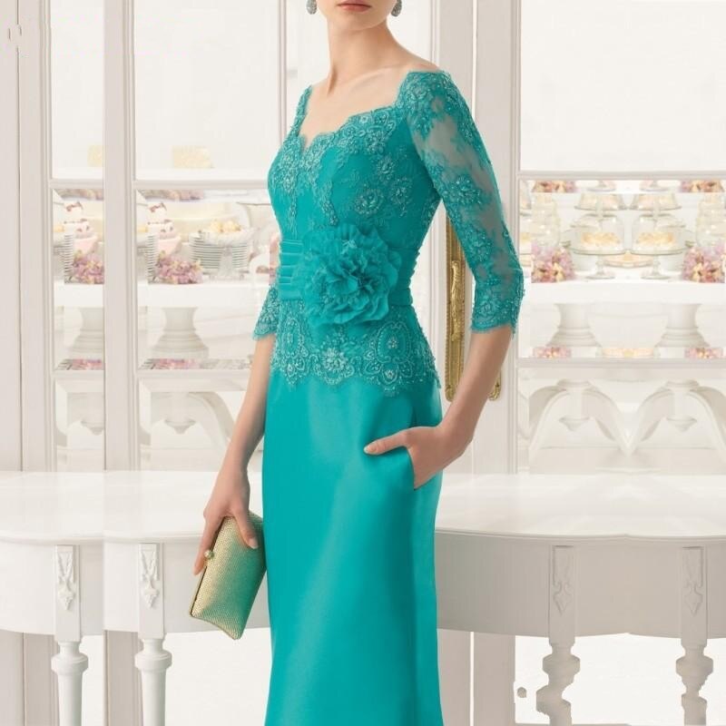 anyfreebie™-Gorgeous Teal Lace Mother of the Bride Dresses With Off Shoulder Three Quarter Sleeves Wedding Guest Gowns V Neck Full Length