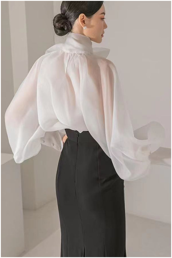 anyfreebie™-White Elegant Solid Color Bow Mock Neck Lantern Sleeve Blouse