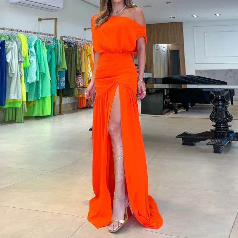 anyfreebie™- 2024 Summer New Women's High Split Off Shoulder Maxi Dress Female Sexy One Word Neck Slit Orange Short-sleeved Solid Dresses