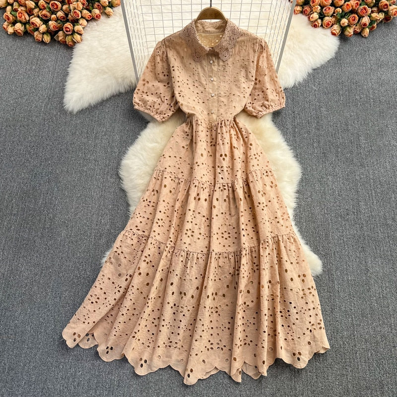 anyfreebie™-Vintage Elegant Women Summer Embroidery Hollow Out Midi Long Dresses Lady Boho A Line Vestidos Elbise Frocks Vestidos Za