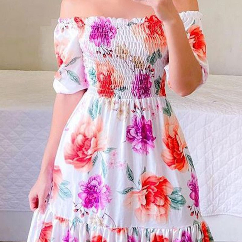 anyfreebie™-Sexy Off The Shoulder Tube Top Dress Butterfly Rainbow Floral Print Dress Ladies Elegant Slim Summer Bohemian Party Maxi Dresses