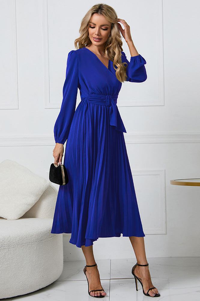 anyfreebie™-Slim fit pleated belted V-neck dress