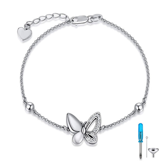 Butterfly Cremation Jewelry 925 Sterling Silver Urn Bracelet Ashes Keepsake Hair Memorial Link Chain Always in My Heart Locket for Women Mom
