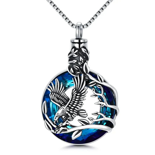 Cremation Jewelry Sterling Silver Eagle Urn Necklace for Ashes with Blue Circle Crystal Memorial Keepsake w/Funnel Filler Memorial Jewelry