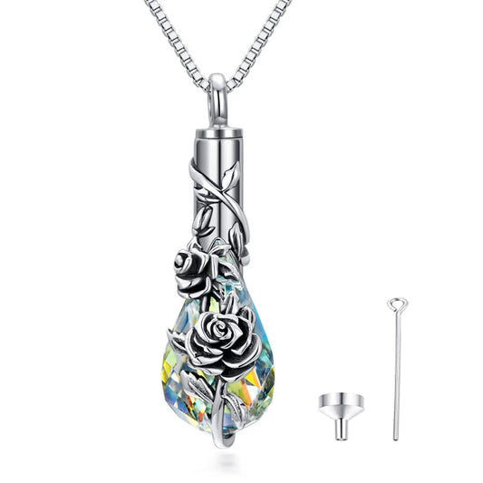 Sterling Silver Rose/Butterfly/Sunflower Flower Cremation Necklace For Ashes,Crystal Urn Necklace For Ashes For Women Memorial Jewelry