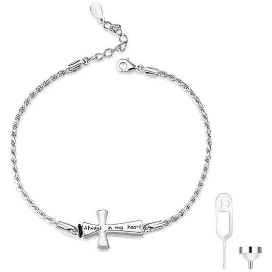 Cross Urn Bracelet Dog Paw Urn Bracelet Sterling Silver Always in My Heart Cremation Keepsake Bracelet w/ Funnel Filler