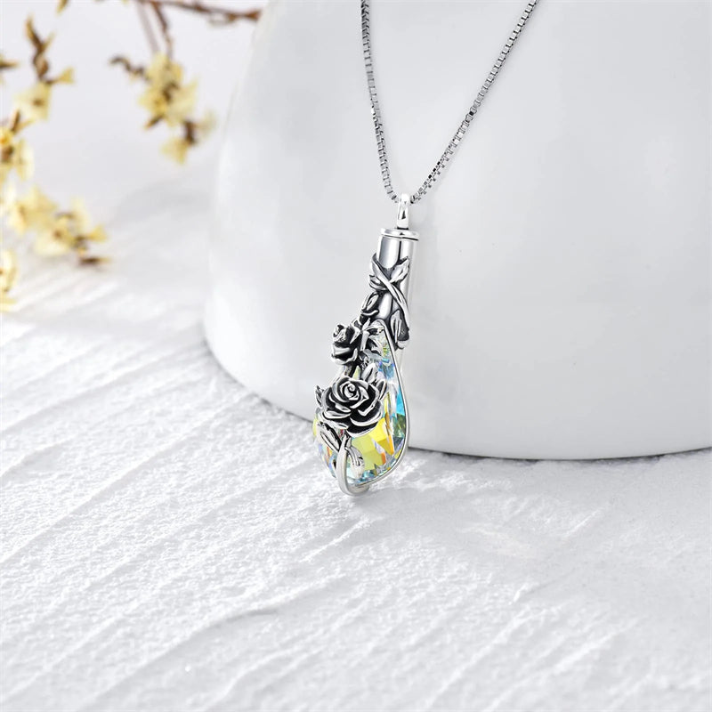 Sterling Silver Rose/Butterfly/Sunflower Flower Cremation Necklace For Ashes,Crystal Urn Necklace For Ashes For Women Memorial Jewelry